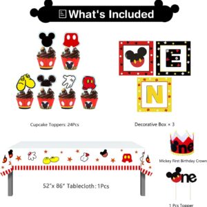 PYCALOW Mickey 1st Birthday Party Supplies - Mickey Theme Mouse Party Decorations Include Backdrop, Balloon Garland Arch, Welcome Sign Door Hanger, Banner, Crown, Balloon Box, Cake Toppers