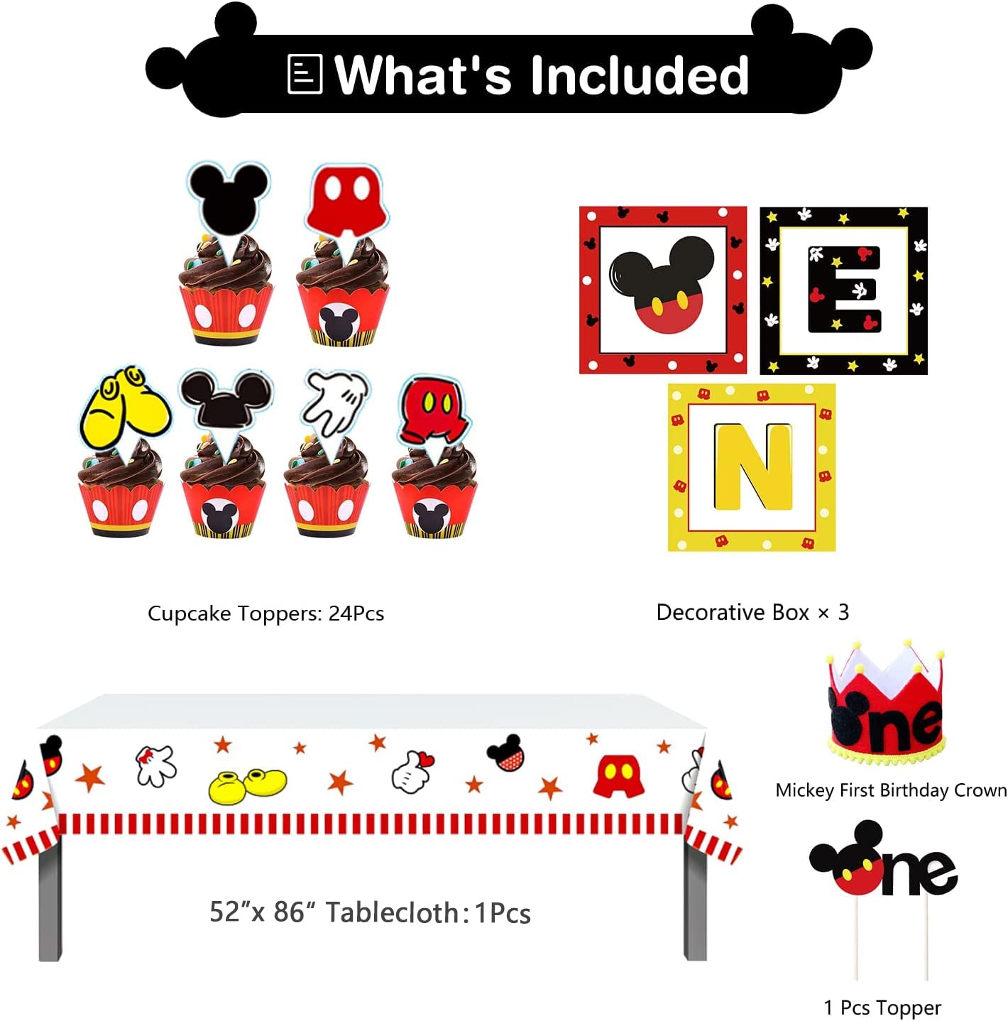 PYCALOW Mickey 1st Birthday Party Supplies - Mickey Theme Mouse Party Decorations Include Backdrop, Balloon Garland Arch, Welcome Sign Door Hanger, Banner, Crown, Balloon Box, Cake Toppers