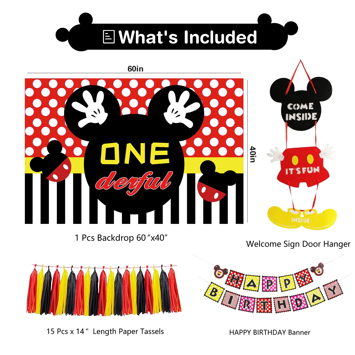 PYCALOW Mickey 1st Birthday Party Supplies - Mickey Theme Mouse Party Decorations Include Backdrop, Balloon Garland Arch, Welcome Sign Door Hanger, Banner, Crown, Balloon Box, Cake Toppers