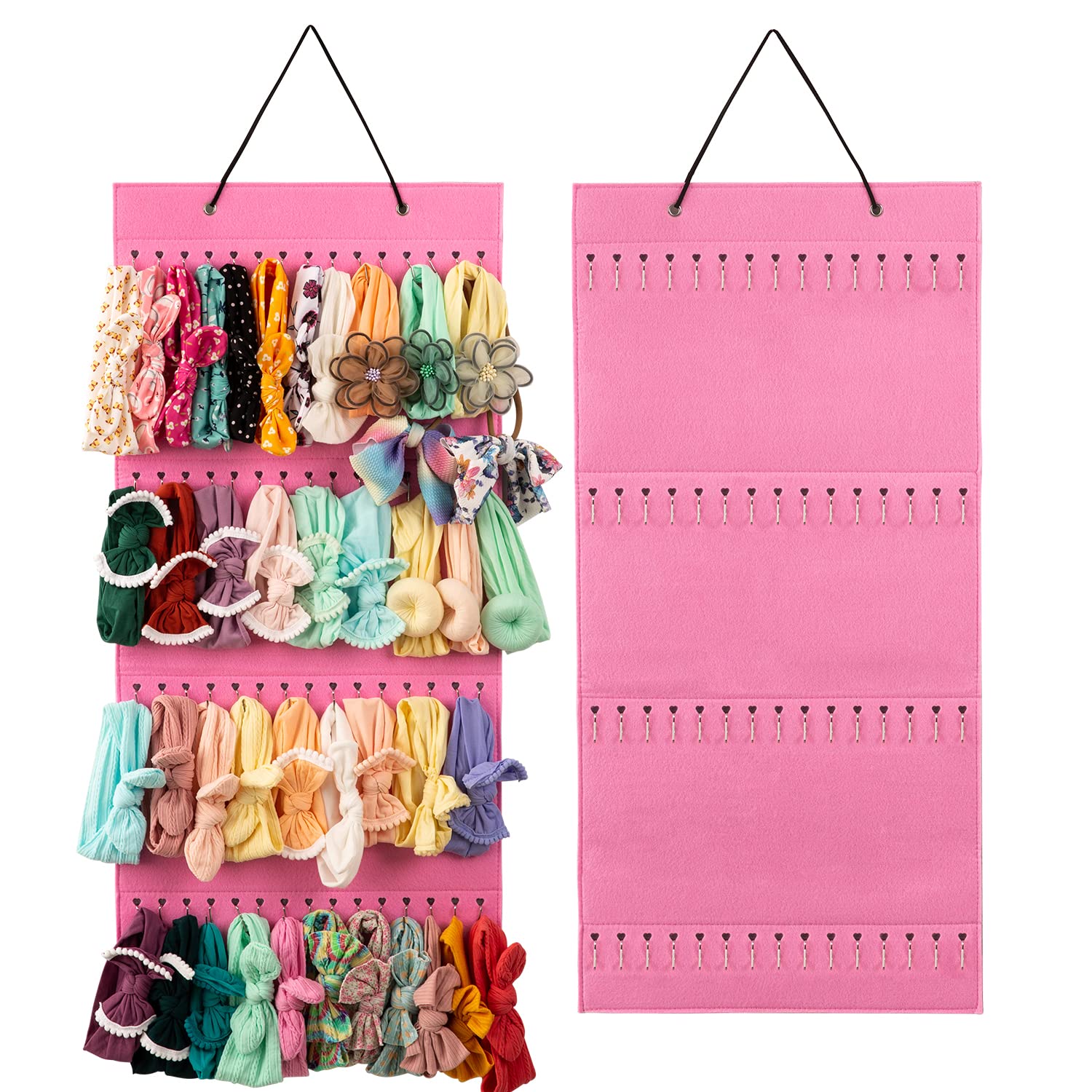 AGX Bravo Hanging Headbands Holder with 60 Hooks, Newborn Hair Bows Storage Organizer for Baby Girls Hair Accessories Storage Display for Hairband Hair Bow Elastics (Pink)