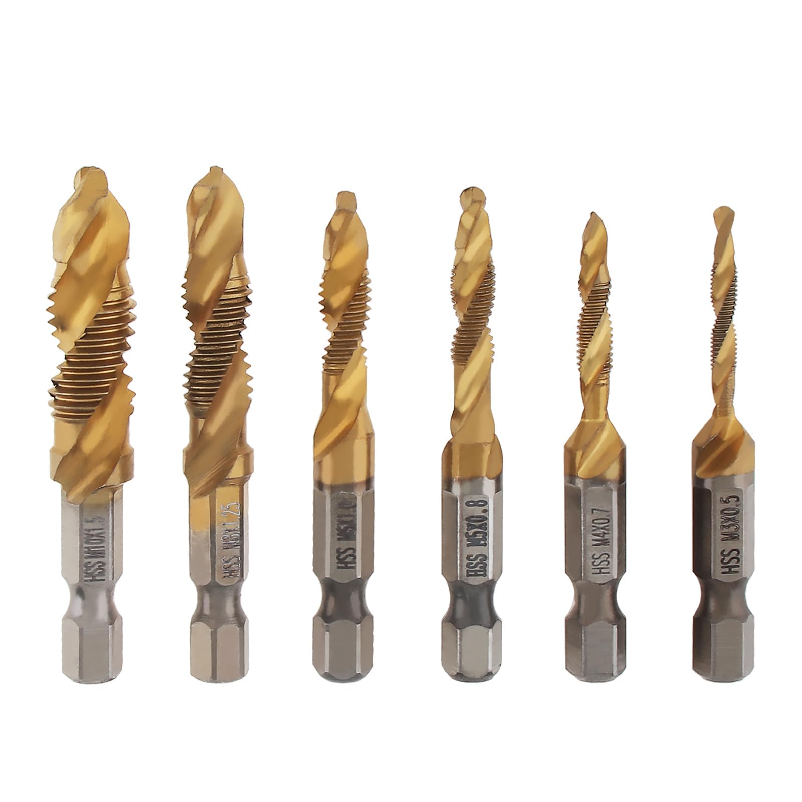 Omninmo 6 Pcs 1/4" Hex Shank Titanium Combination Drill Tap Bit Set Screw Tapping Countersink Drill Bits Metric Thread M3-M10 Taps Tool(M3, M4, M5, M6, M8, M10)