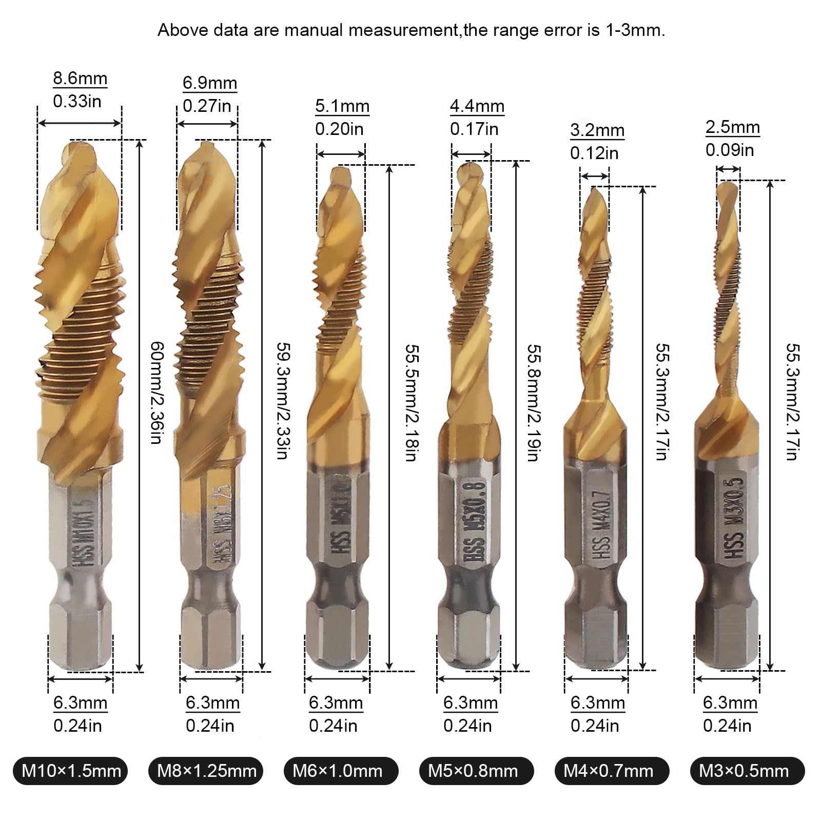 Omninmo 6 Pcs 1/4" Hex Shank Titanium Combination Drill Tap Bit Set Screw Tapping Countersink Drill Bits Metric Thread M3-M10 Taps Tool(M3, M4, M5, M6, M8, M10)