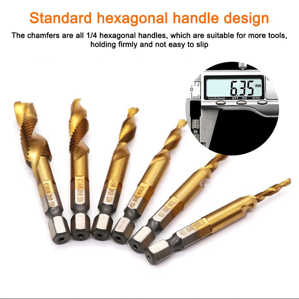 Omninmo 6 Pcs 1/4" Hex Shank Titanium Combination Drill Tap Bit Set Screw Tapping Countersink Drill Bits Metric Thread M3-M10 Taps Tool(M3, M4, M5, M6, M8, M10)