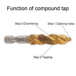 Omninmo 6 Pcs 1/4" Hex Shank Titanium Combination Drill Tap Bit Set Screw Tapping Countersink Drill Bits Metric Thread M3-M10 Taps Tool(M3, M4, M5, M6, M8, M10)