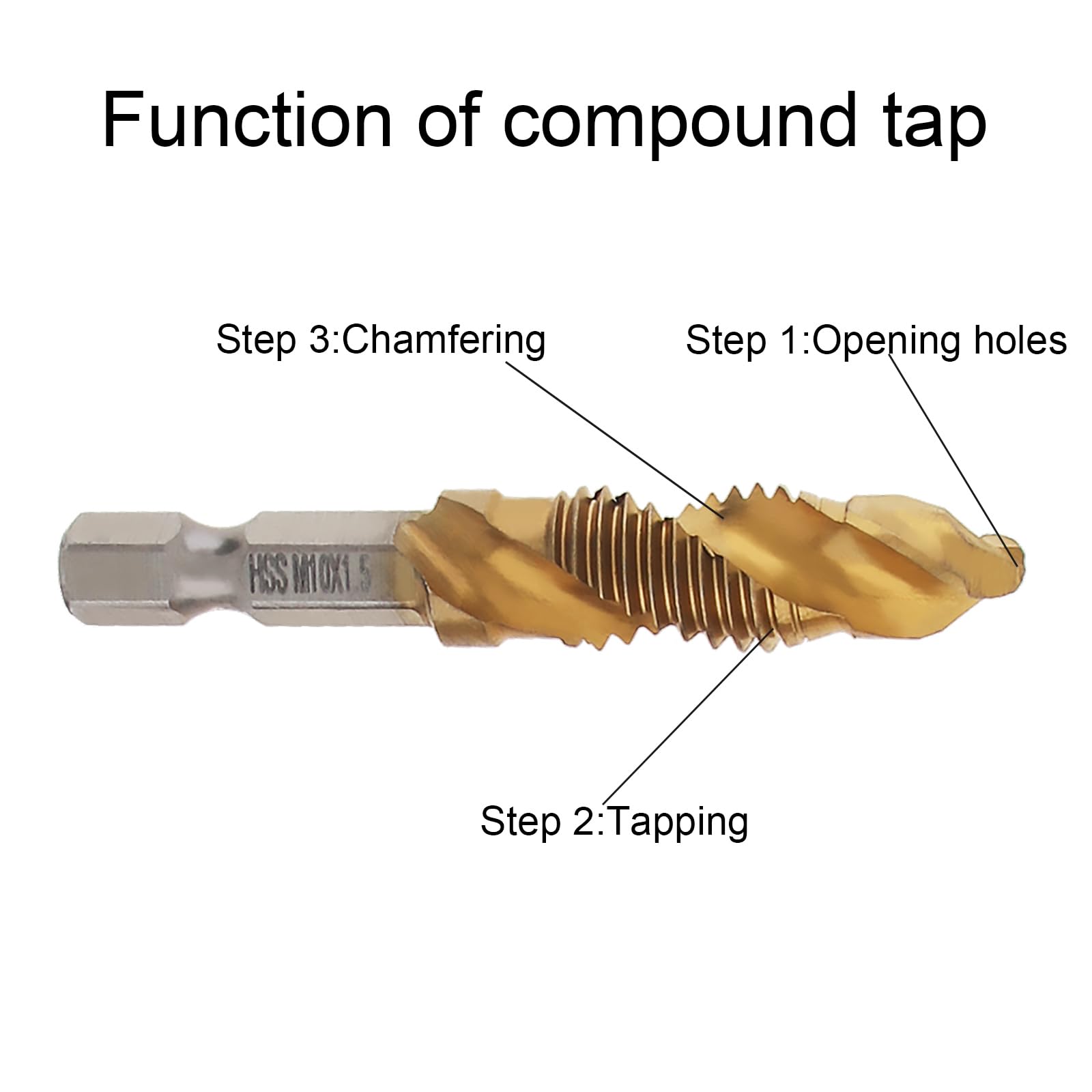 Omninmo 6 Pcs 1/4" Hex Shank Titanium Combination Drill Tap Bit Set Screw Tapping Countersink Drill Bits Metric Thread M3-M10 Taps Tool(M3, M4, M5, M6, M8, M10)