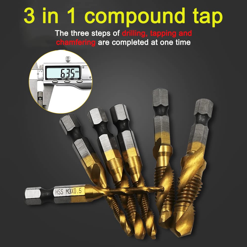 Omninmo 6 Pcs 1/4" Hex Shank Titanium Combination Drill Tap Bit Set Screw Tapping Countersink Drill Bits Metric Thread M3-M10 Taps Tool(M3, M4, M5, M6, M8, M10)