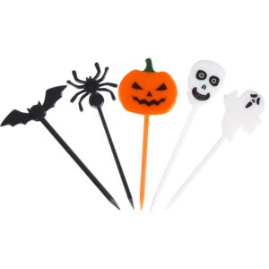 ccinee 80pcs plastic halloween picks, halloween cupcake topper picks food picks ghost pumpkin spiders bats skull cupcake toppers for kids birthday party themed party