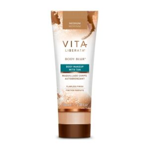 vita liberata body blur with tan, leg and body makeup. skin perfecting body foundation for flawless bronze, easy application, radiant glow, evens skin tone, 3.38 fl.oz, new packaging