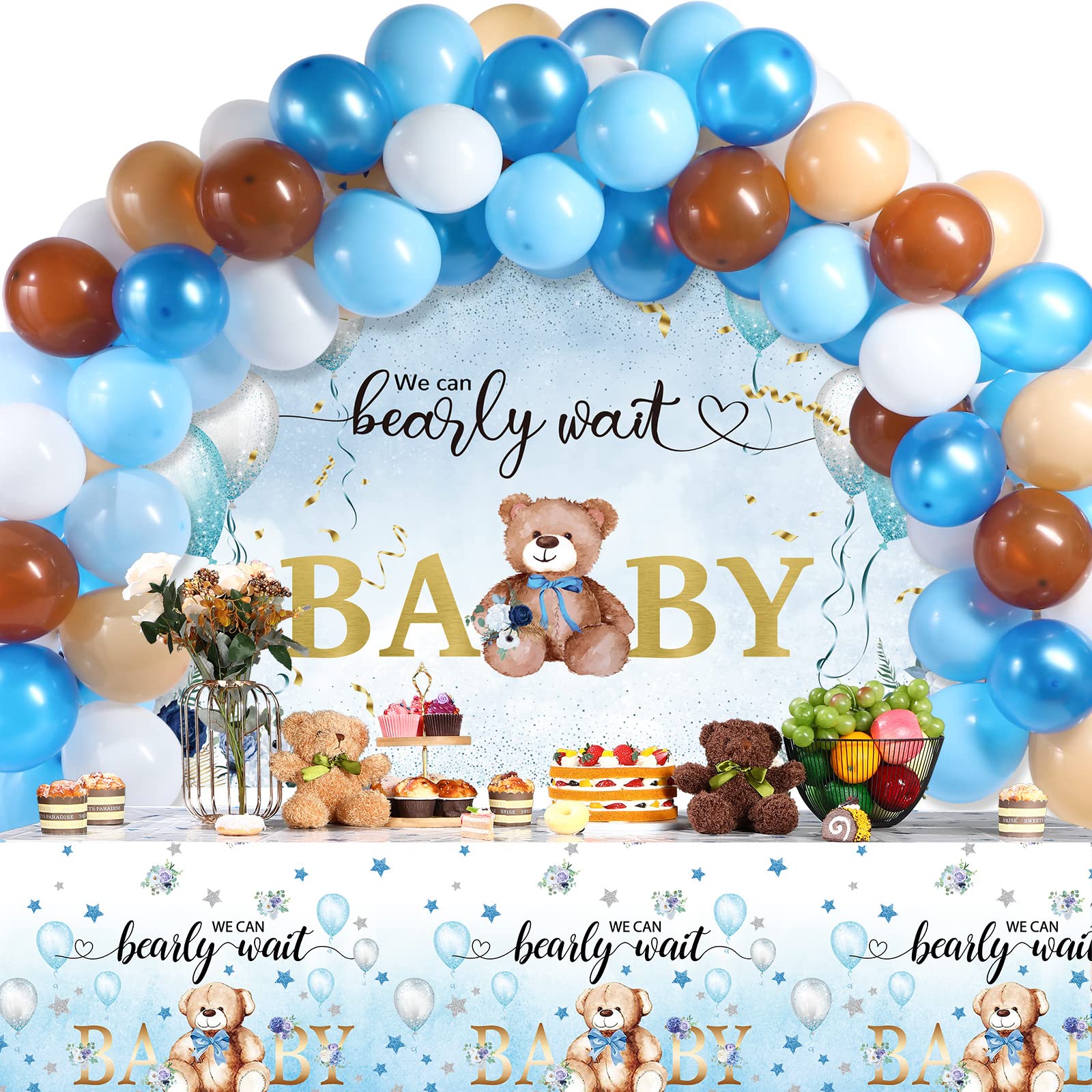 67 Pieces Bear Baby Shower Decorations Bearly Wait Bear Baby Shower Tablecloth Backdrop and Blue Brown Balloons Decorations for Kid Boy Girl Gender Reveal Birthday Party Supplies