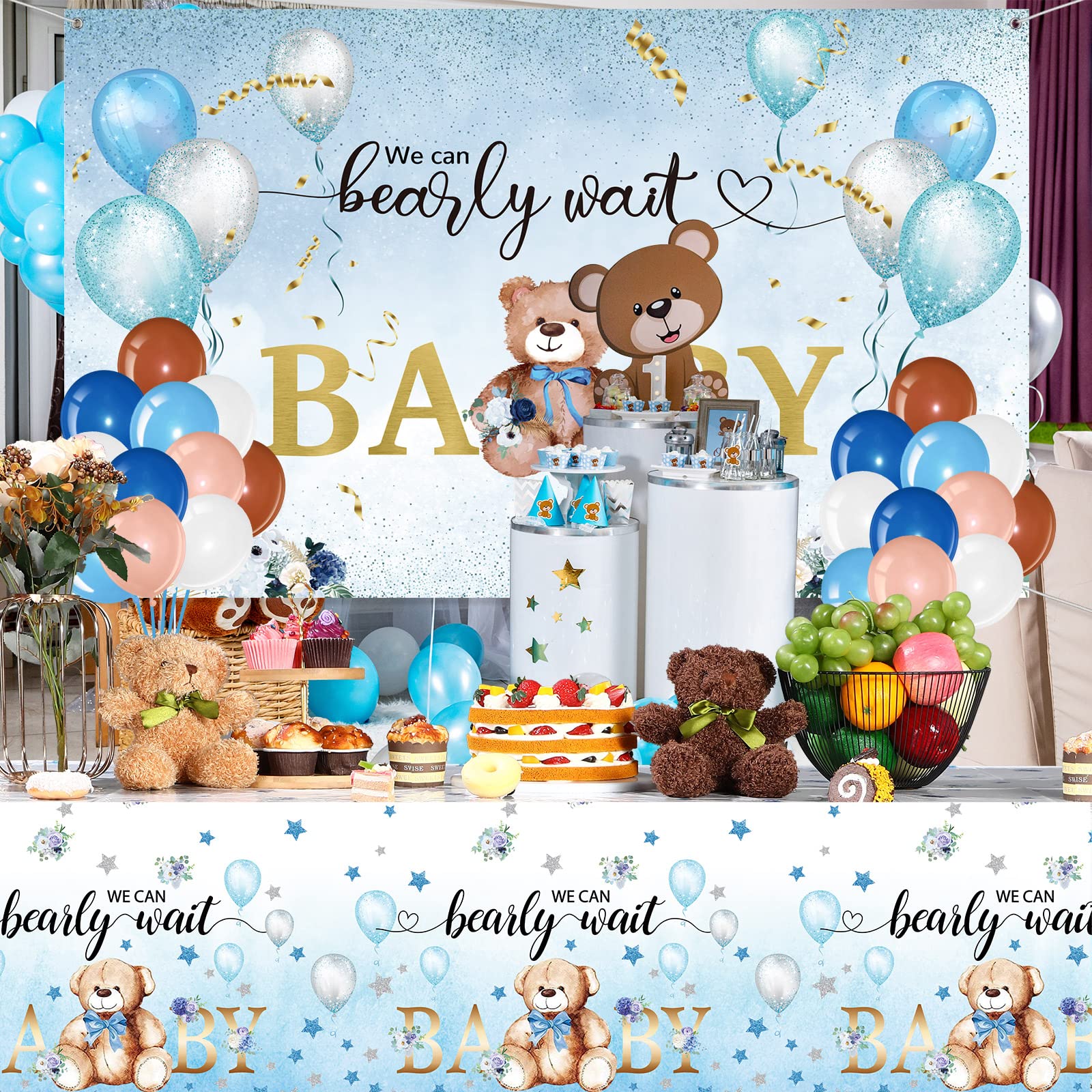 67 Pieces Bear Baby Shower Decorations Bearly Wait Bear Baby Shower Tablecloth Backdrop and Blue Brown Balloons Decorations for Kid Boy Girl Gender Reveal Birthday Party Supplies