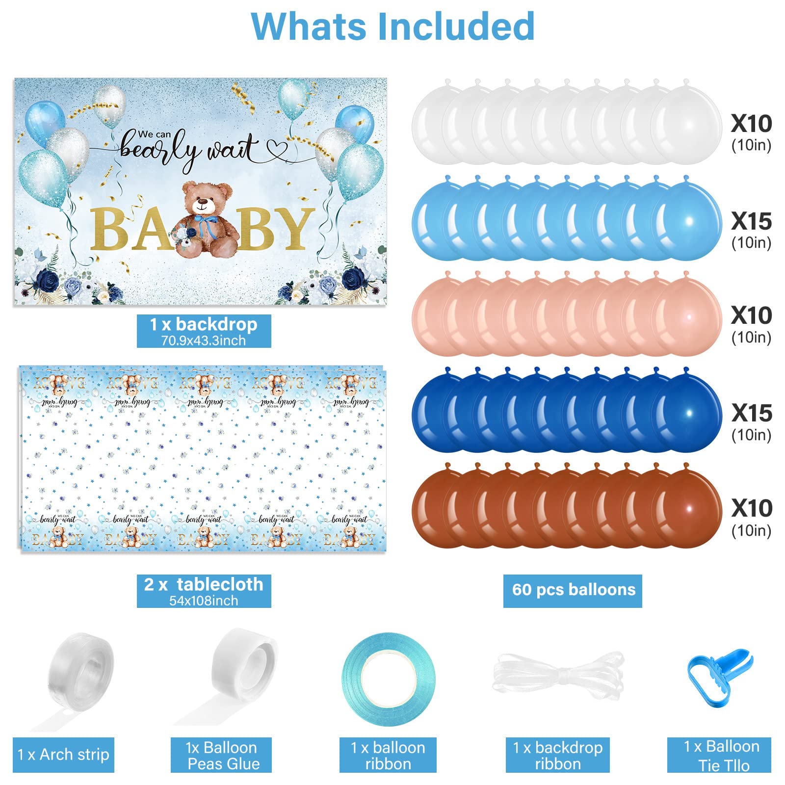 67 Pieces Bear Baby Shower Decorations Bearly Wait Bear Baby Shower Tablecloth Backdrop and Blue Brown Balloons Decorations for Kid Boy Girl Gender Reveal Birthday Party Supplies