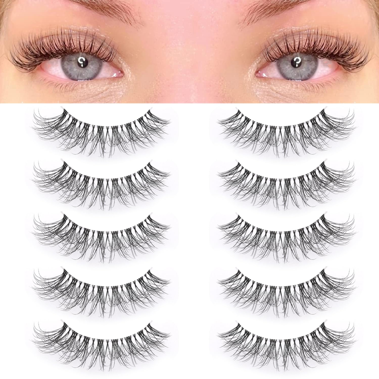 KSYOO Long Natural Lashes with Clear Band Lashes Wispy,10-18mm Cat Eye Lashes D Curl Strip Lashes That Look Like Extensions,3D Natural Fluffy Faux Mink False Eyelashes Natural Look