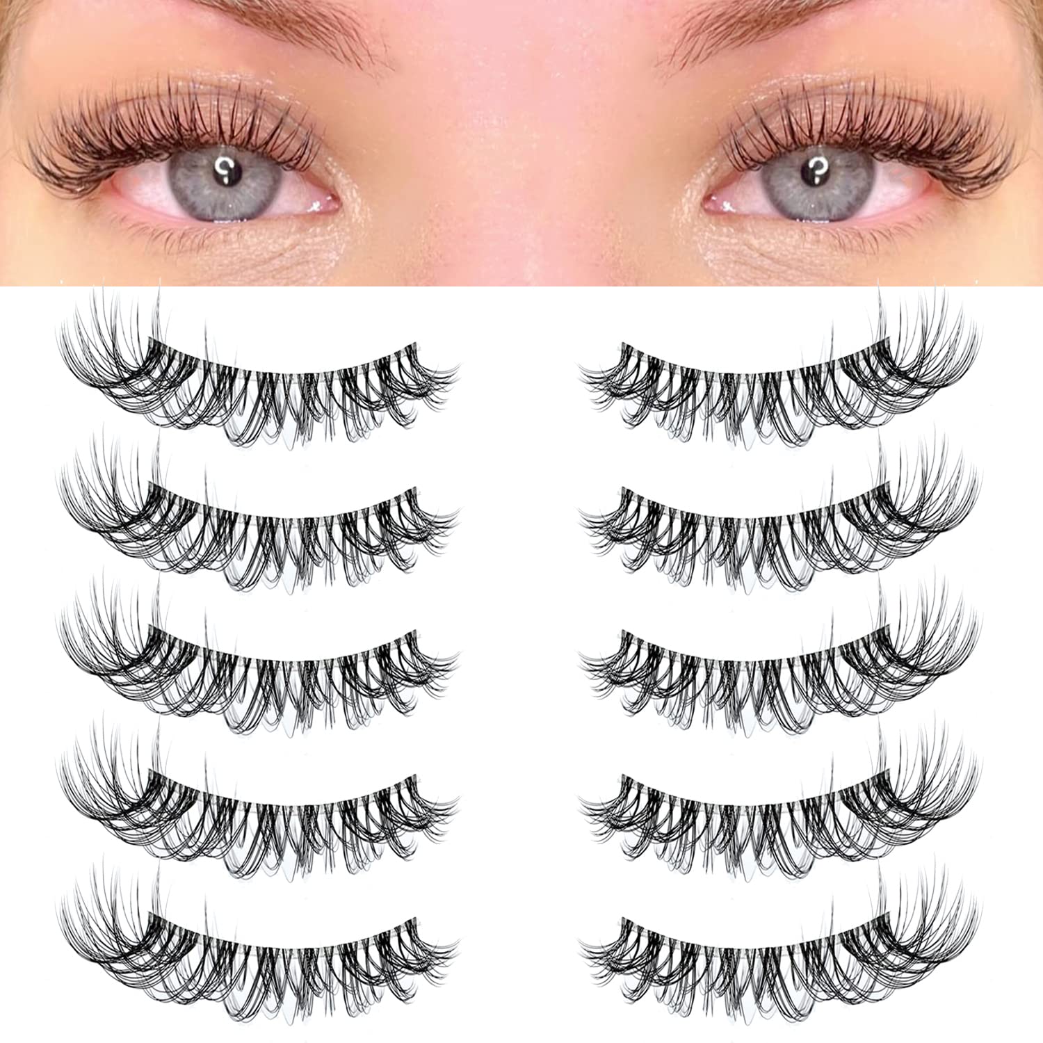 KSYOO Long Natural Lashes with Clear Band Lashes Wispy,10-18mm Cat Eye Lashes D Curl Strip Lashes That Look Like Extensions,3D Natural Fluffy Faux Mink False Eyelashes Natural Look