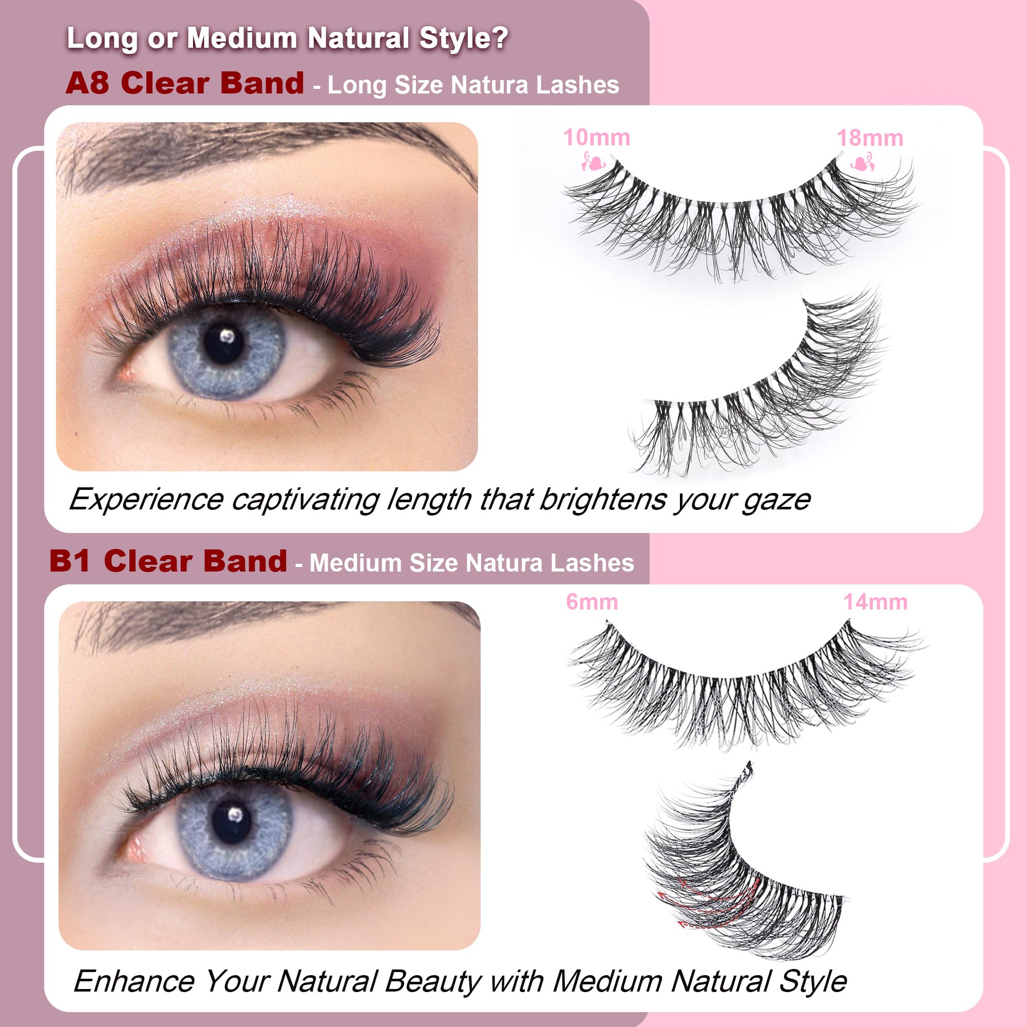 KSYOO Long Natural Lashes with Clear Band Lashes Wispy,10-18mm Cat Eye Lashes D Curl Strip Lashes That Look Like Extensions,3D Natural Fluffy Faux Mink False Eyelashes Natural Look