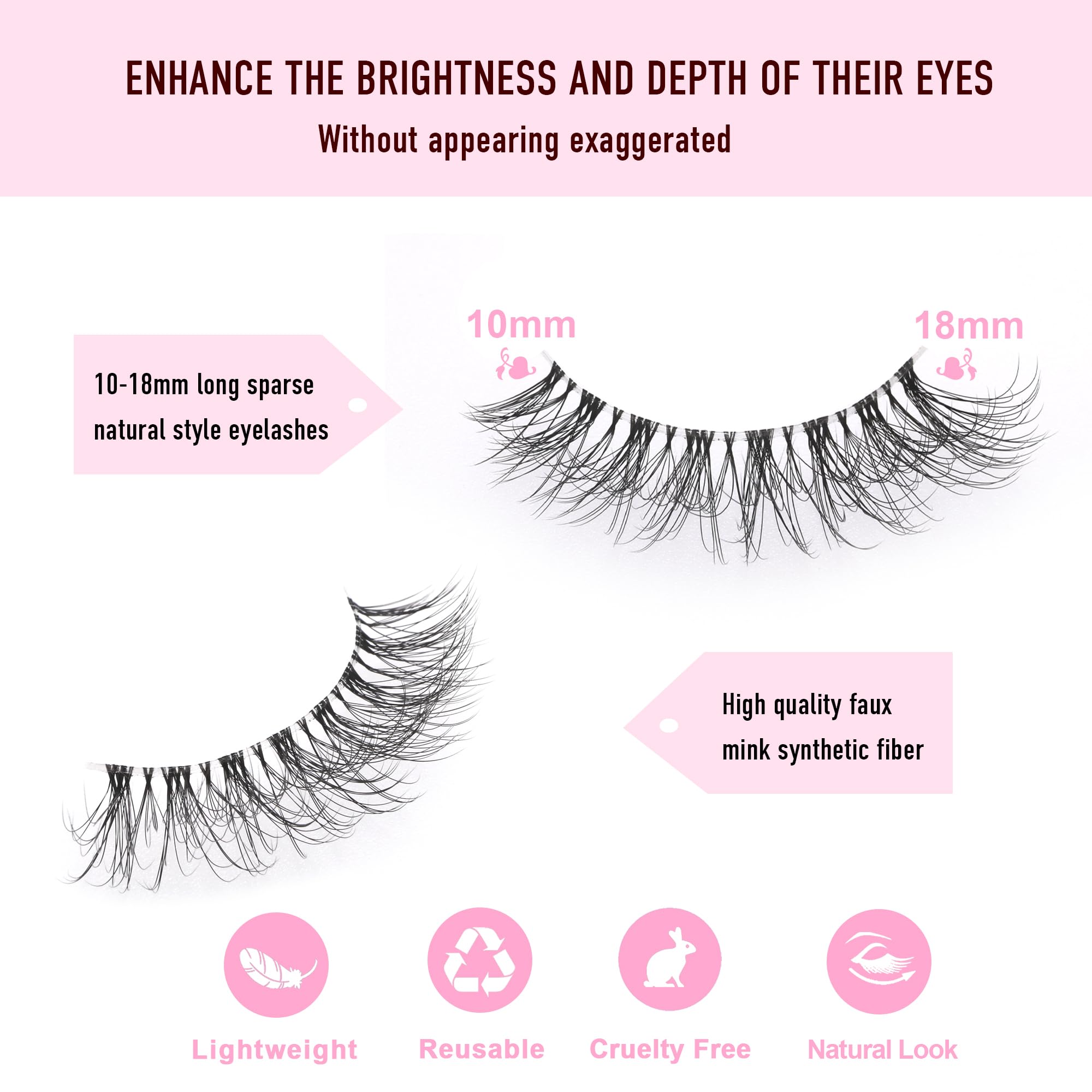 KSYOO Long Natural Lashes with Clear Band Lashes Wispy,10-18mm Cat Eye Lashes D Curl Strip Lashes That Look Like Extensions,3D Natural Fluffy Faux Mink False Eyelashes Natural Look