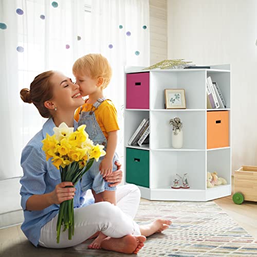 HONEY JOY Kids Toy Storage Organizer, 9-Cubby Toy Bin Organization Storage Cabinet w/Display Shelf & 3 Removable Basket, Wooden Corner Storage Unit for Playroom, Kids Bedroom, Nursery Daycare(White)