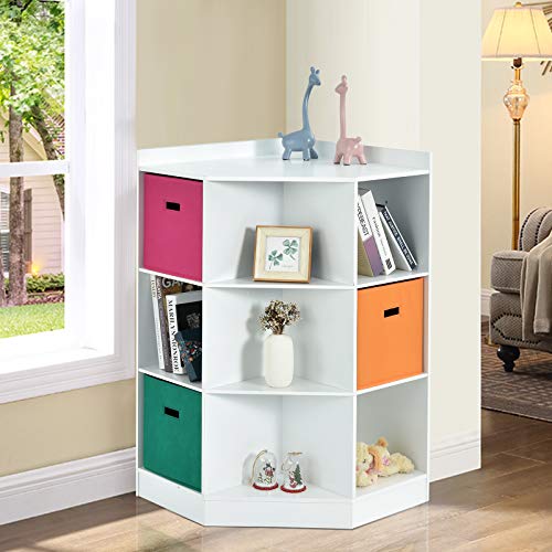 HONEY JOY Kids Toy Storage Organizer, 9-Cubby Toy Bin Organization Storage Cabinet w/Display Shelf & 3 Removable Basket, Wooden Corner Storage Unit for Playroom, Kids Bedroom, Nursery Daycare(White)