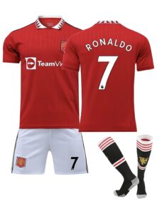 manchester ronaldo red home soccer kids set (jersey + shorts + socks) kit size medium (8-9 years old) for youth