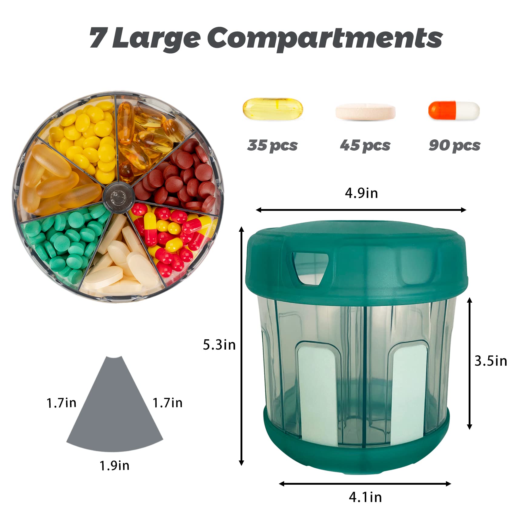 Extra Large Supplement Organizer with XL 7 Large Compartments, TPU Soft Lid Easy to Load and to Use Pill Dispenser, 1 Month Jumbo Vitamin Holder Medicine Storage