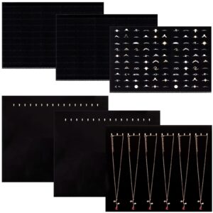 yinkin 6 pcs black velvet jewelry tray display organizer 100 slots ring holder 17 hook necklace display stands for selling ring display foam inserts