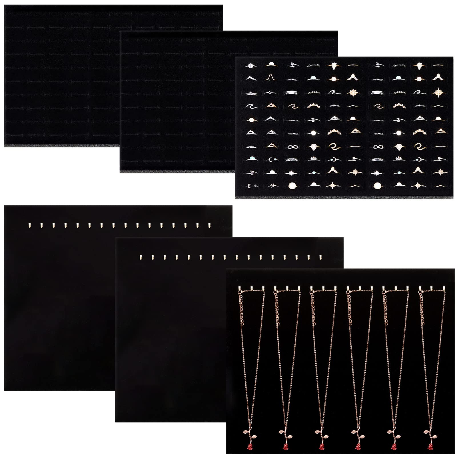 Yinkin 6 Pcs Black Velvet Jewelry Tray Display Organizer 100 Slots Ring Holder 17 Hook Necklace Display Stands for Selling Ring Display Foam Inserts