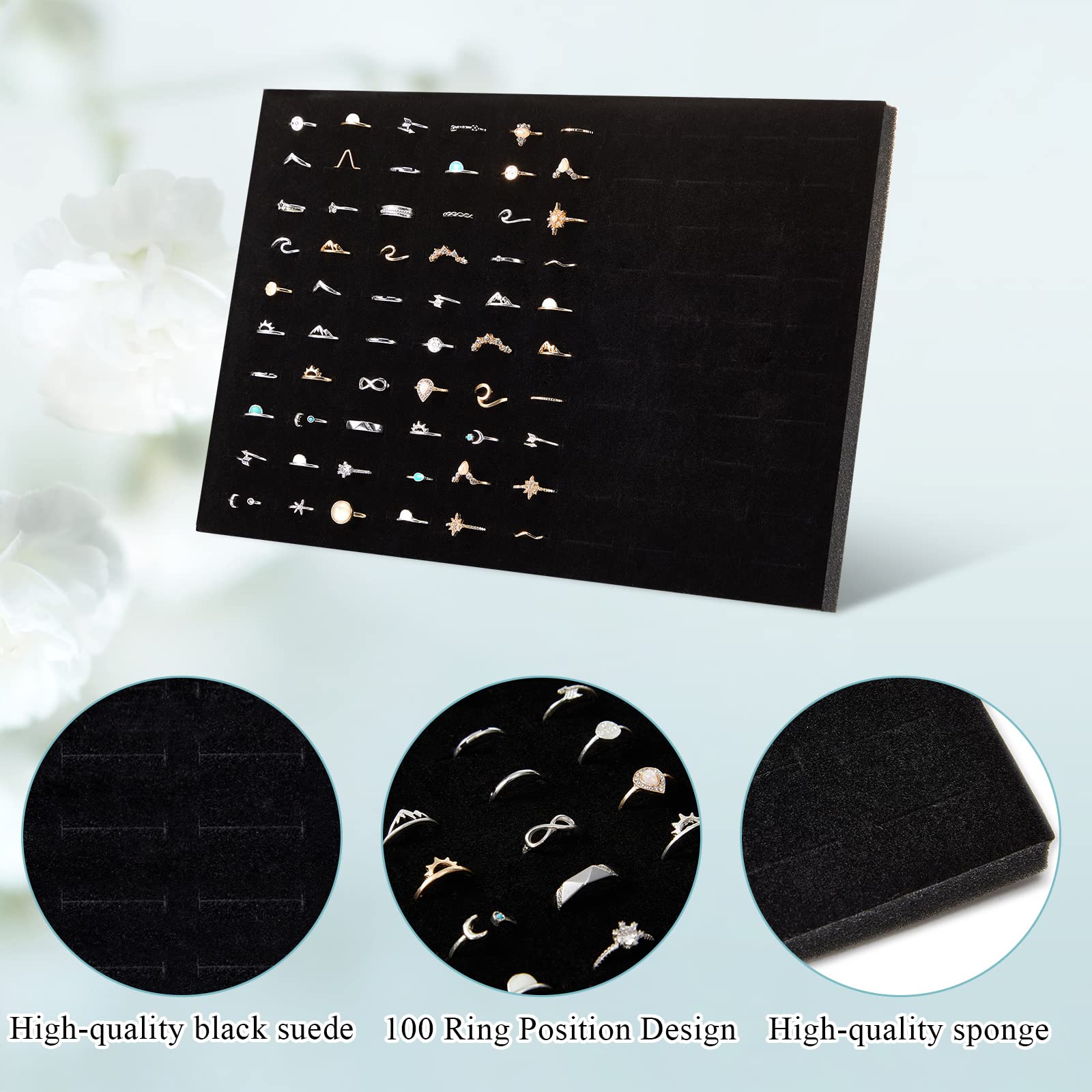 Yinkin 6 Pcs Black Velvet Jewelry Tray Display Organizer 100 Slots Ring Holder 17 Hook Necklace Display Stands for Selling Ring Display Foam Inserts