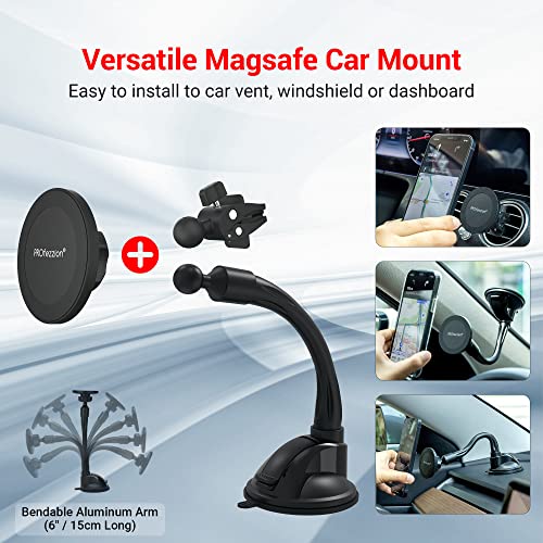 PROfezzion Suction Cup & Vent Clip Combo Magnetic Phone Holder Compatible with MagSafe on Car Windshield, Dash or Vent for iPhone 15 14 13 12 Pro Max Plus, Mag-Safe Case & All Phones [Aluminum Rod]