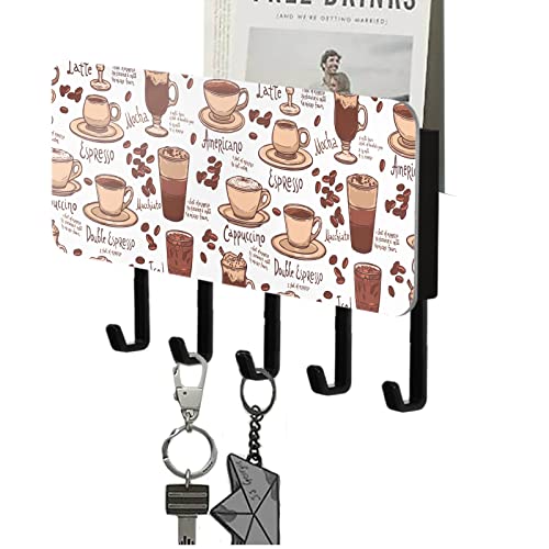 J JOYSAY Cups Coffee Keyholders for Keys Wall Mounted Key Rack with 5 Hooks Key Hooks Organizer Rack Mail Holder for Entryway Kitchen Home Decoration, 7.1 X 4.1in