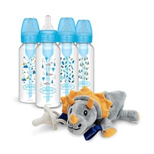 Dr. Brown’s Natural Flow® Anti-Colic Options+™ Narrow Baby Bottles 8 oz/250 mL, with Level 1 Slow Flow Nipple, 4 Pack, Blue Nature & Triceratops Lovey with HappyPaci Pacifier, 0m+