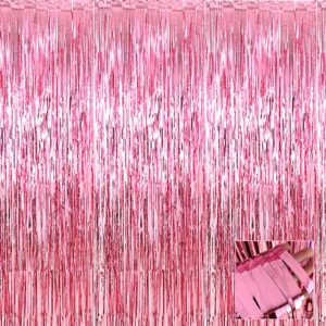 halloweendecorate 4 pack pink foil fringe curtain backdrop, 3.28ft x 6.56ft metallic tinsel foil fringe streamers curtains for party, photo booth props, birthday, 2022 graduation decoration supplies
