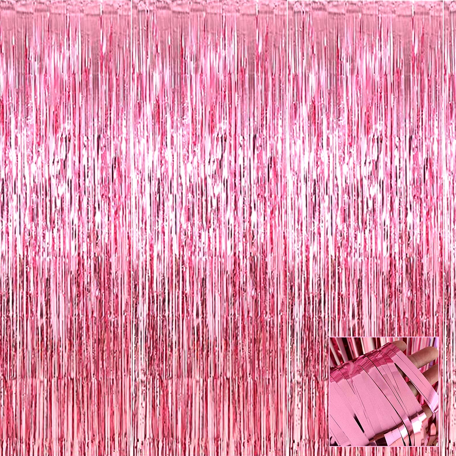 HalloweenDecorate 4 Pack Pink Foil Fringe Curtain Backdrop, 3.28Ft x 6.56Ft Metallic Tinsel Foil Fringe Streamers Curtains for Party, Photo Booth Props, Birthday, 2022 Graduation Decoration Supplies