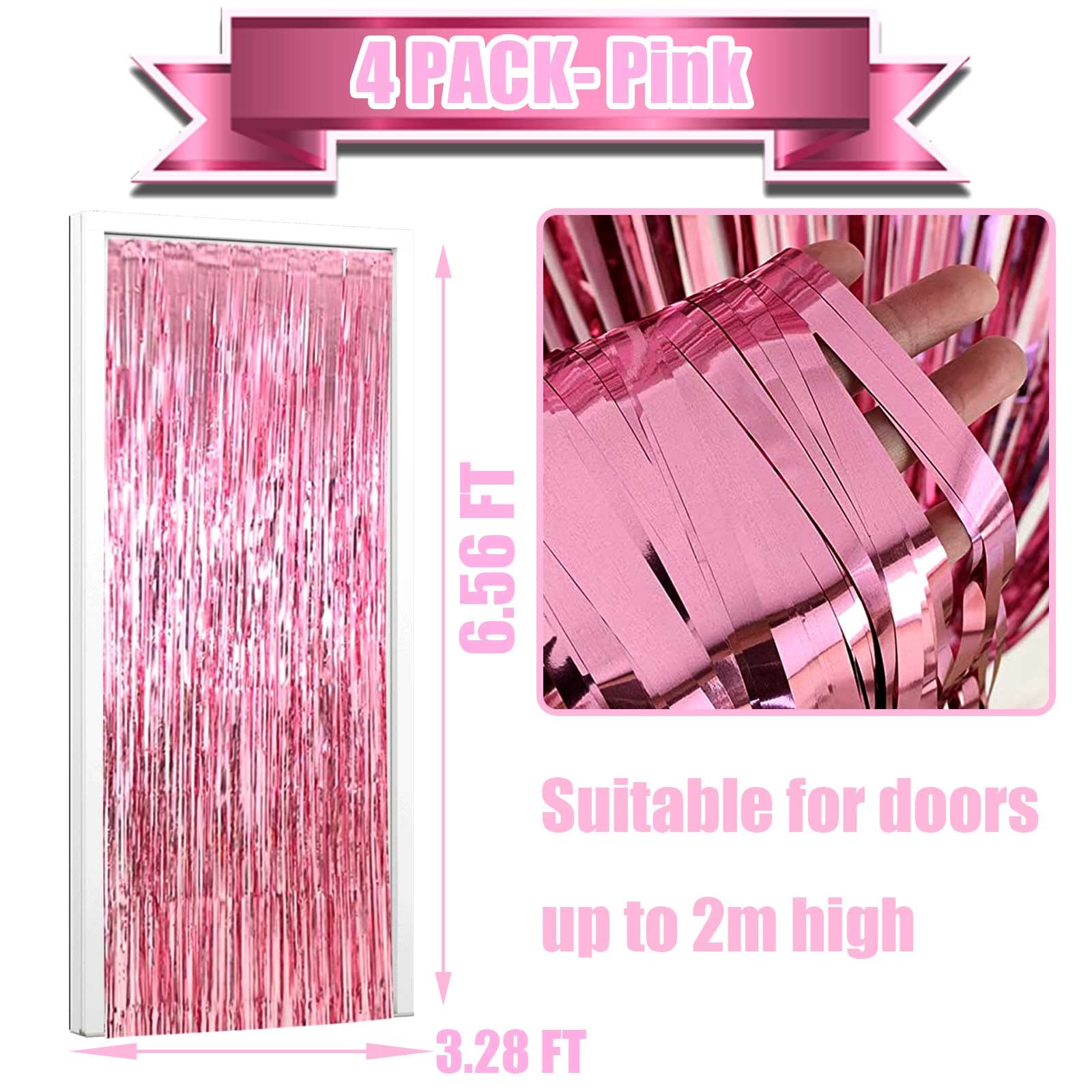 HalloweenDecorate 4 Pack Pink Foil Fringe Curtain Backdrop, 3.28Ft x 6.56Ft Metallic Tinsel Foil Fringe Streamers Curtains for Party, Photo Booth Props, Birthday, 2022 Graduation Decoration Supplies