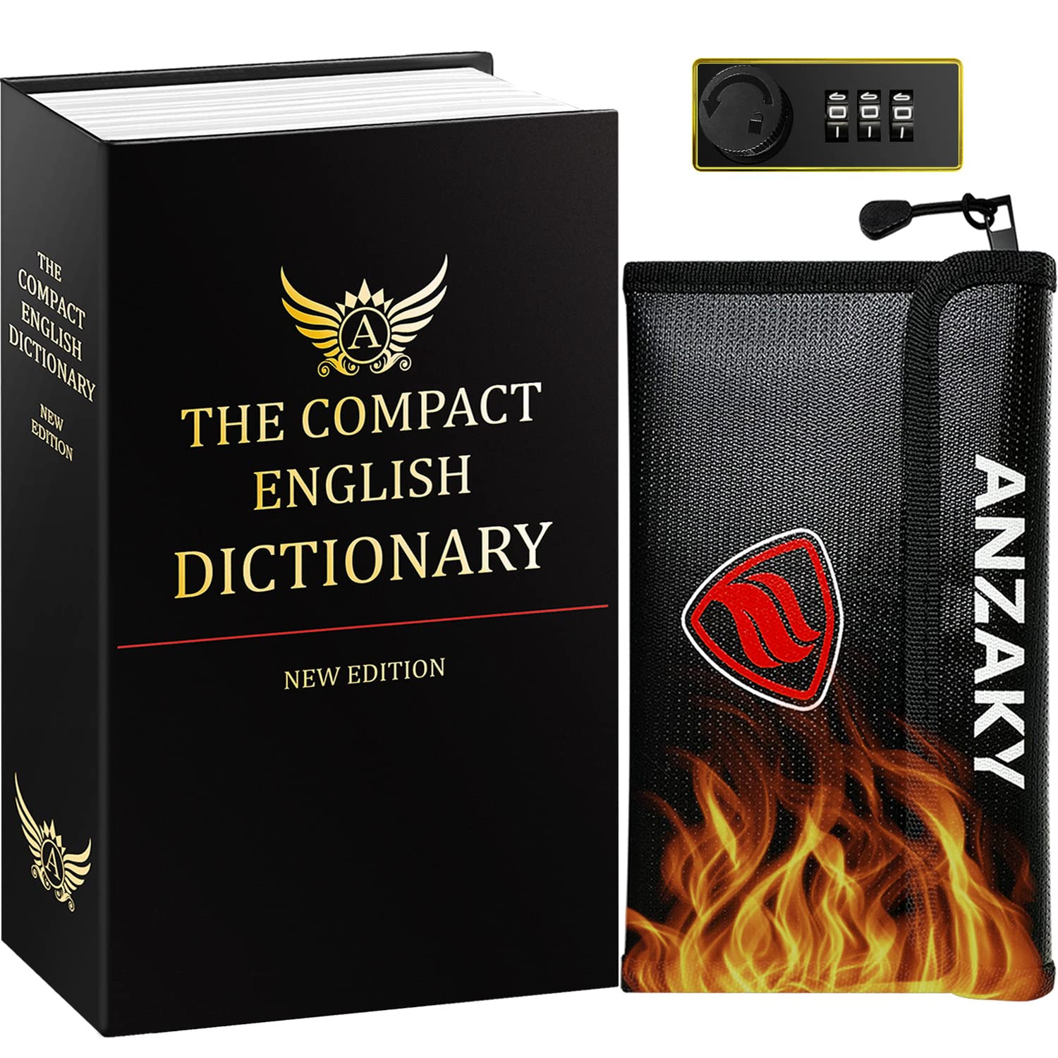 Dictionary Diversion Book Safe with Combination Lock and Fireproof Money Bag, ANZAKY Dictionary Storage Box for Cash Safe Hidden, Money Hiding Box, Secret Portable Metal Compartment Safe