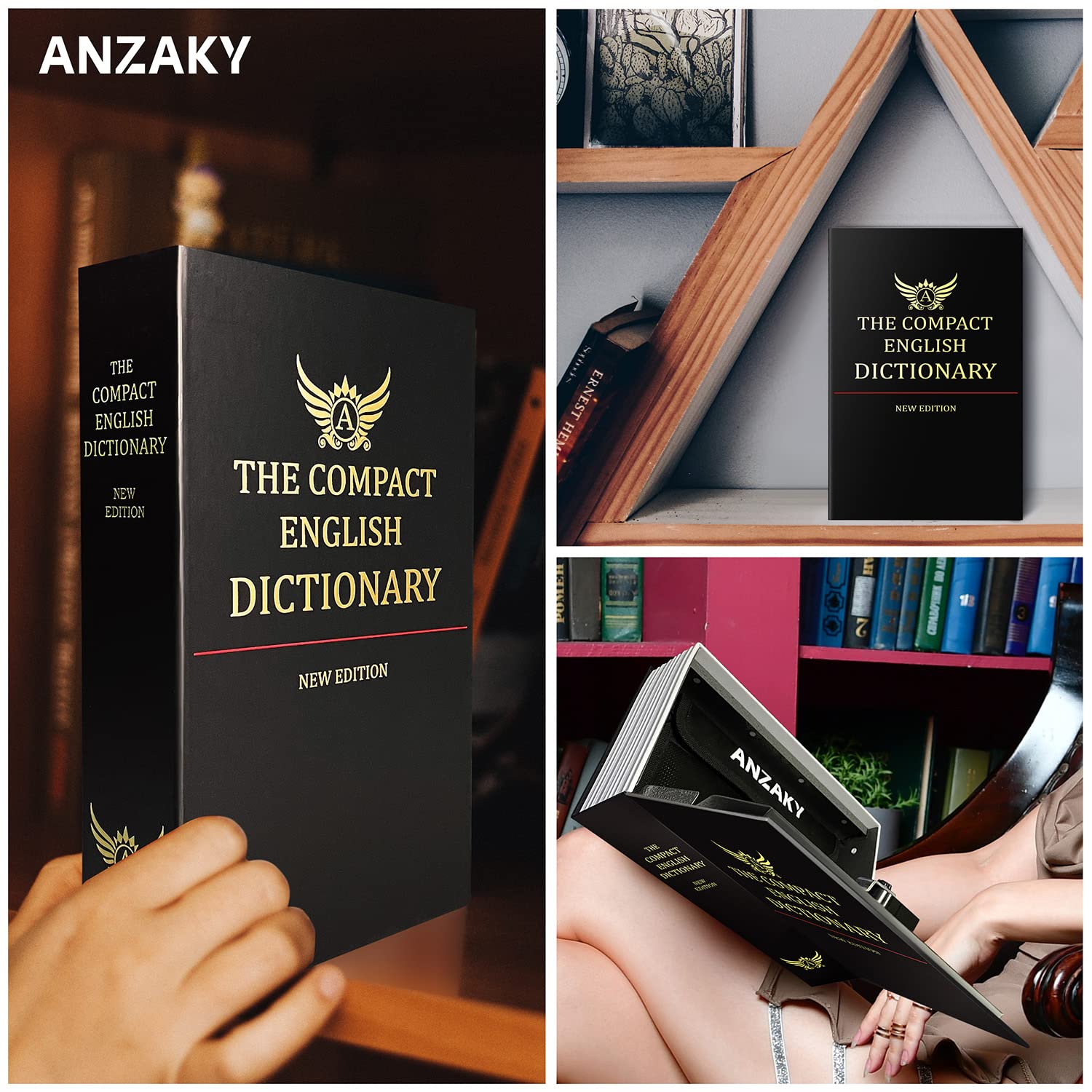 Dictionary Diversion Book Safe with Combination Lock and Fireproof Money Bag, ANZAKY Dictionary Storage Box for Cash Safe Hidden, Money Hiding Box, Secret Portable Metal Compartment Safe