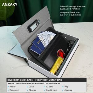 Dictionary Diversion Book Safe with Combination Lock and Fireproof Money Bag, ANZAKY Dictionary Storage Box for Cash Safe Hidden, Money Hiding Box, Secret Portable Metal Compartment Safe