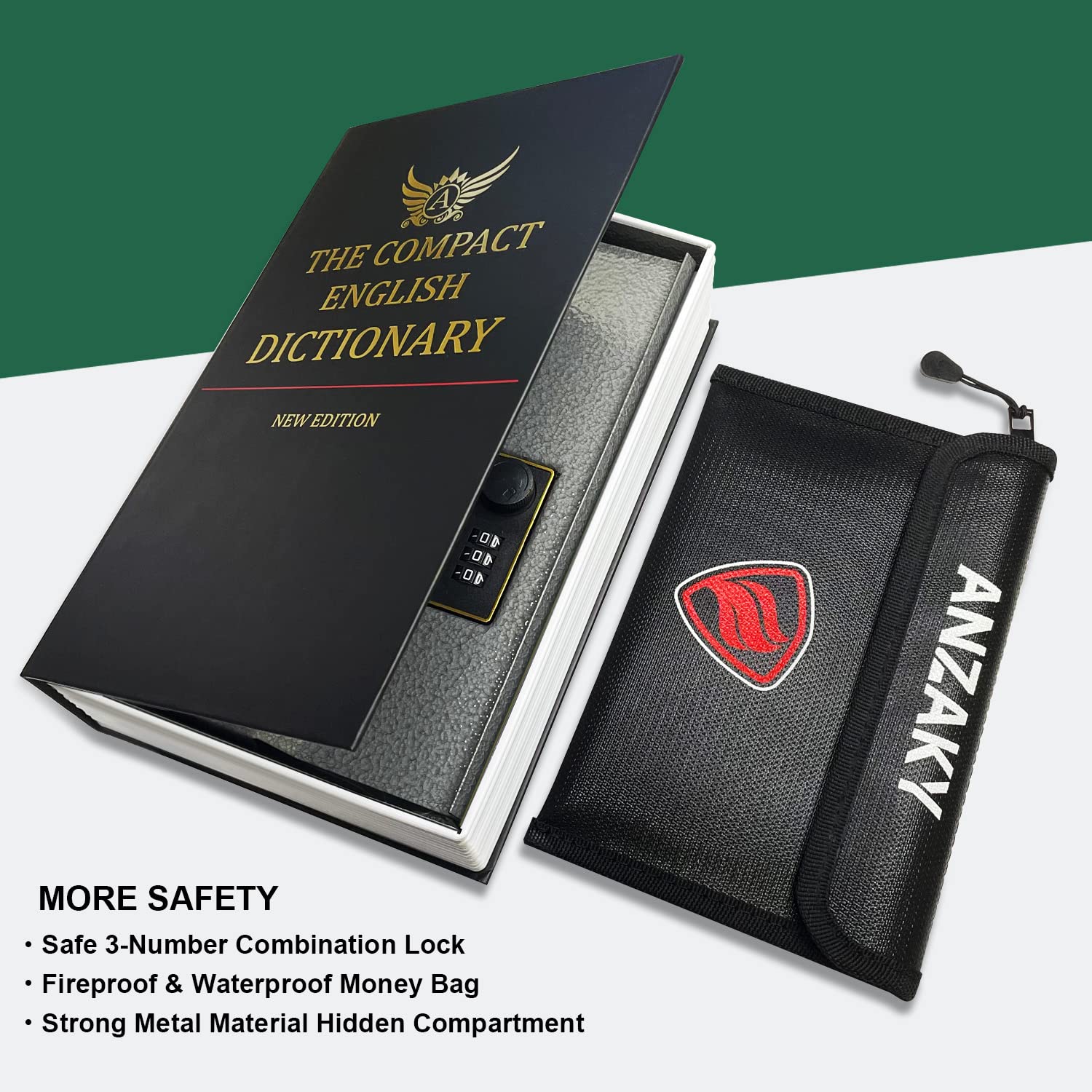 Dictionary Diversion Book Safe with Combination Lock and Fireproof Money Bag, ANZAKY Dictionary Storage Box for Cash Safe Hidden, Money Hiding Box, Secret Portable Metal Compartment Safe