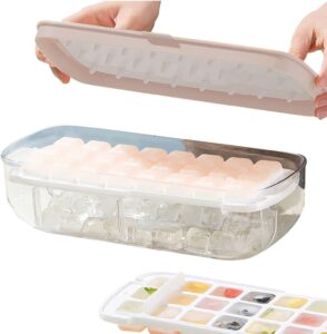 littlestar ice tray with lid and bin-updated press plate easy release ice cubes double layers ice makers for 48pcs ice cubes bpa free (pink)