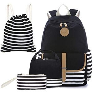 joyfulife girls backpacks, school backpack for girls lightweight canvas backpack student bookbags stripe backpack with lunch box 4 in 1