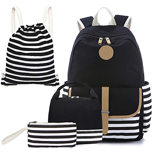 Joyfulife Girls Backpacks, School Backpack for Girls Lightweight Canvas Backpack Student Bookbags Stripe Backpack with Lunch Box 4 in 1