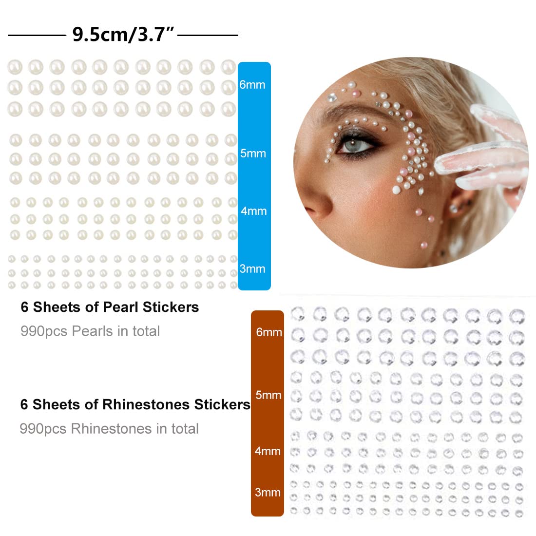 12 Sheets (1980pcs) Clear Rhinestones & Pearl Stickers Self Adhesive, TuNan Crystal Stickers Diamond Stickers Bling for Face Beauty Makeup Nail Art Cell Phone DIY Crafts