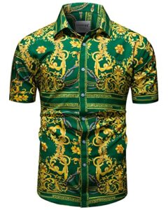 fohemr mens gold chain dress shirts luxury short sleeve baroque print casual button down design buchona shirts green xx-large