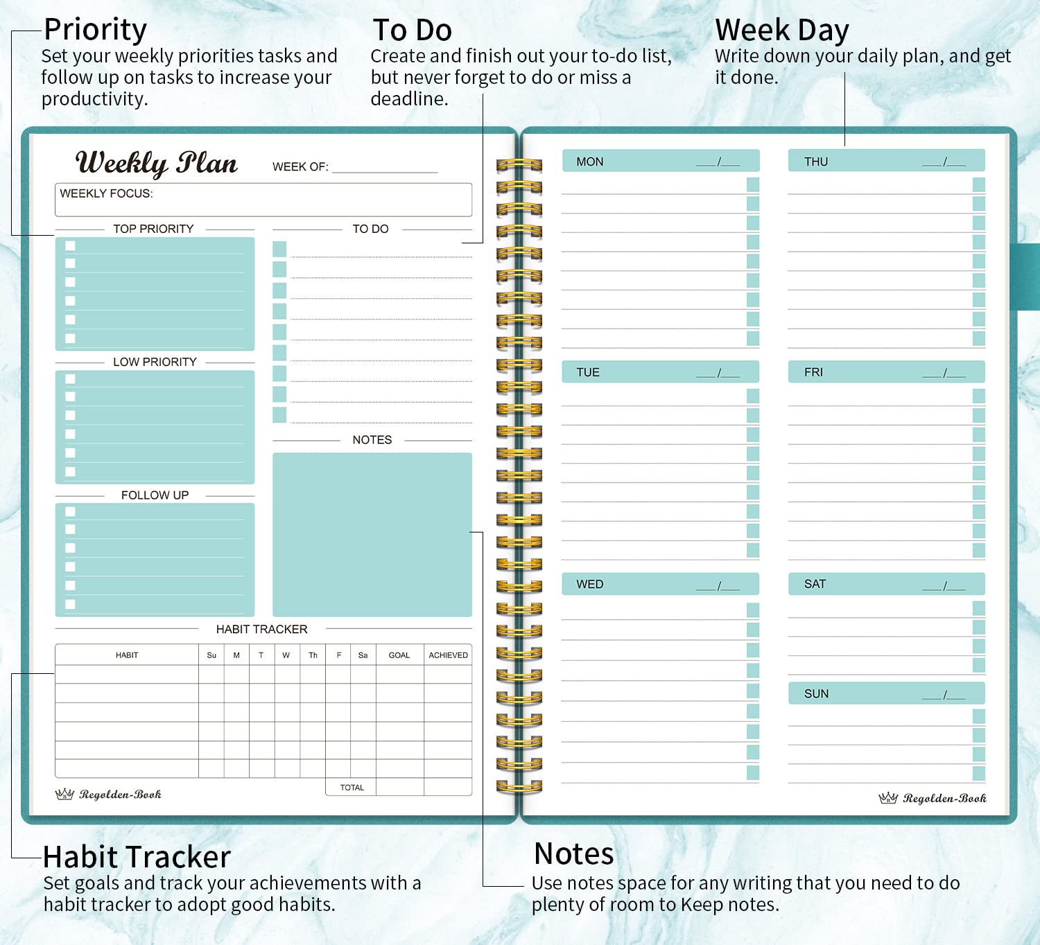 Weekly Planner Undated, Weekly Goals Schedule Planner Regolden-Book To Do List Notebook Calendars Organizers Habit Tracker Journal for Man & Women, Spiral Binding, Pocket, Pen Loop, 53 Weeks (7x10")