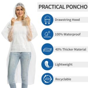 20 Pack Disposable Rain Poncho, Opret Emergency Poncho Waterproof Raincoat with Hood for Camping, Hiking, Cycling, Theme Park and Festival