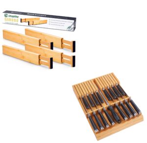 utoplike 4 pack large bamboo kitchen drawer dividers 16.8-21.8in and bamboo kitchen knife drawer organizer set