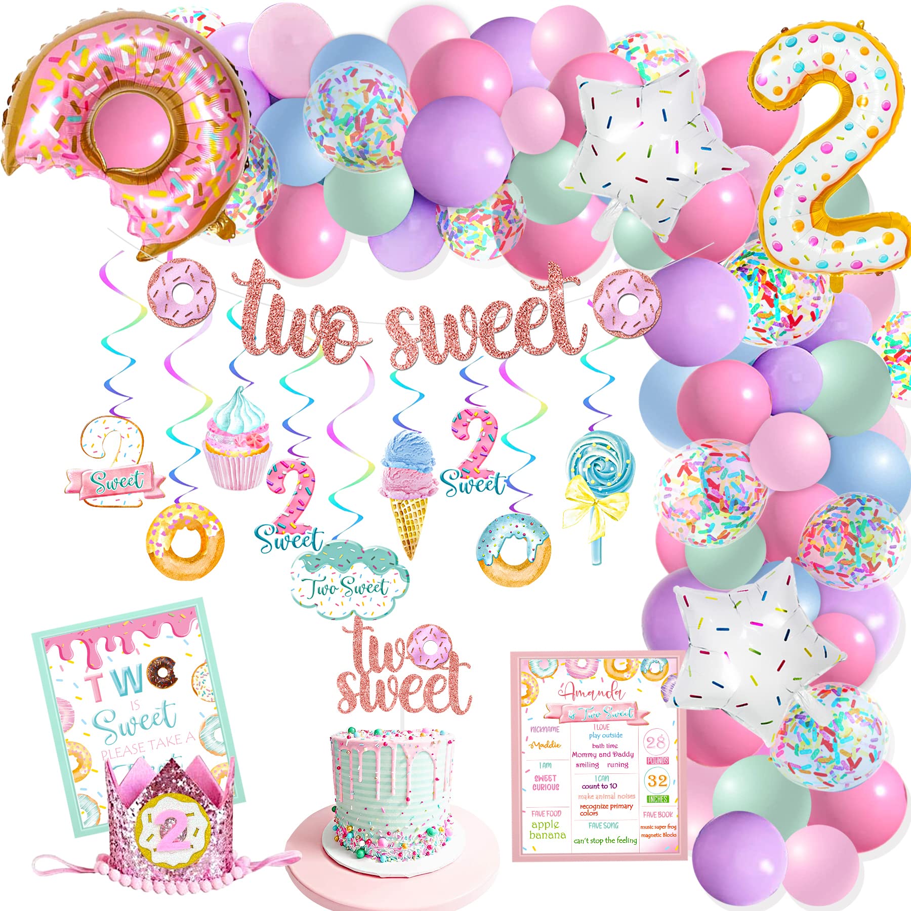 NALONER Two Sweet Birthday Party Decorations, Donut Decoration, Baby Second 2nd Decorations for Girl, Banner & Cake Topper, Balloons Garland