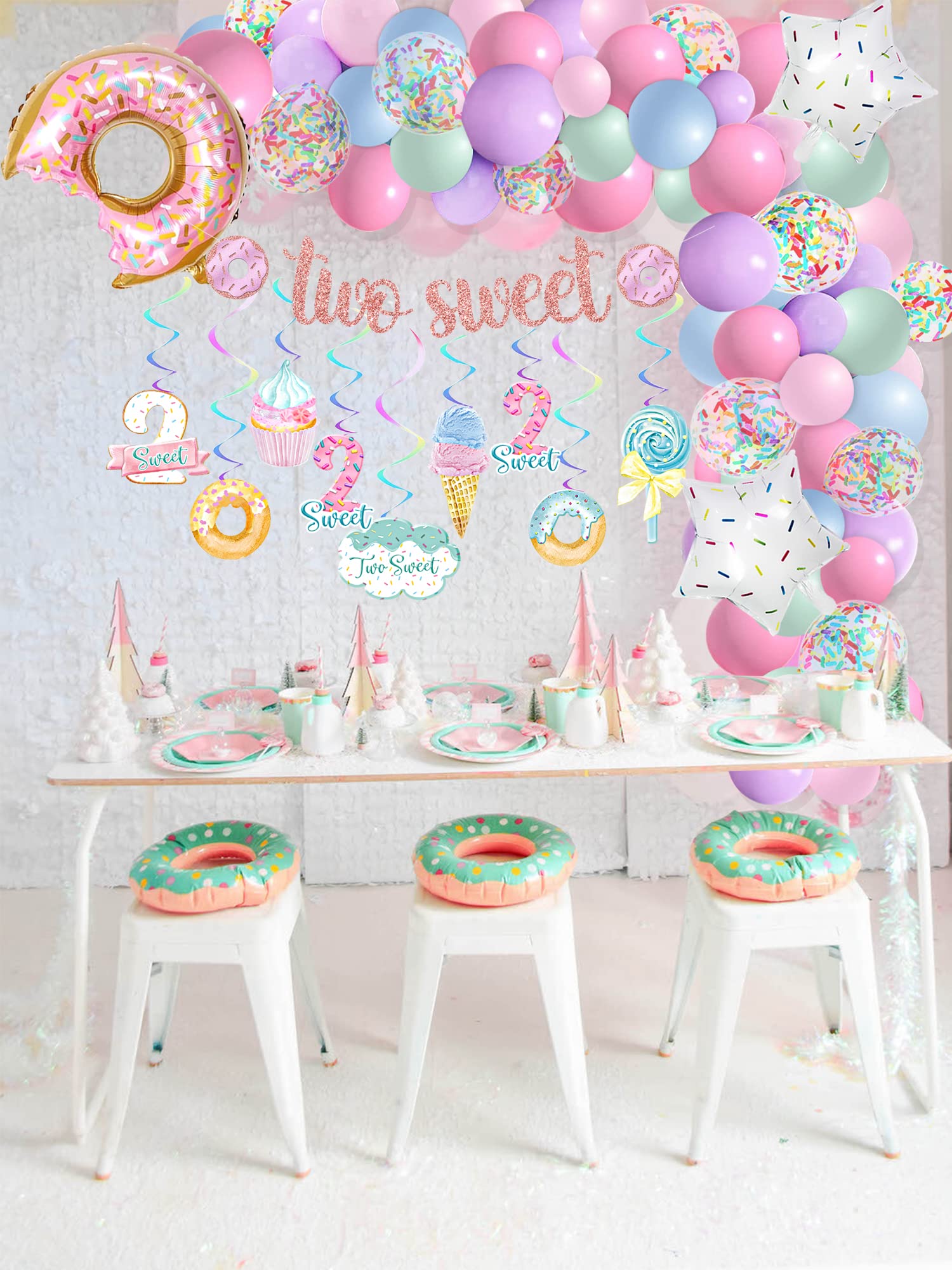 NALONER Two Sweet Birthday Party Decorations, Donut Decoration, Baby Second 2nd Decorations for Girl, Banner & Cake Topper, Balloons Garland