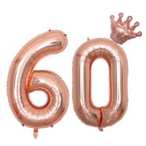 40 inch rose gold number 60 balloons with crown, 60th birthday balloons for men and women, 60th birthday decorations, wedding anniversar celebration decoration balloons. (rose gold)