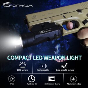 CRONHAWK 1350 Lumens Rail Mounted Pistol Flashlight, Rechargeable Gun Flashlights for Pistol Airsoft