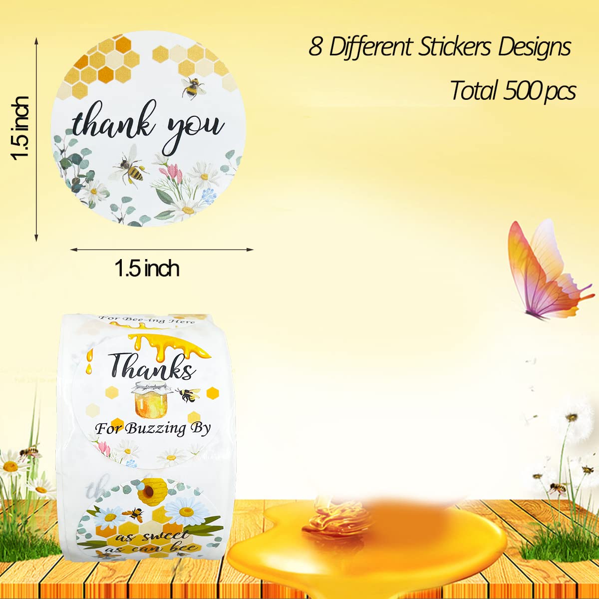 Bee Thank You Stickers, 500 Pieces Bumble Bee Stickers Birthday Party Stickers Baby Shower Favors for Jars Bottle Round Bee Honey Sticker Baby Bee Theme Party Thanks Labels Decorations