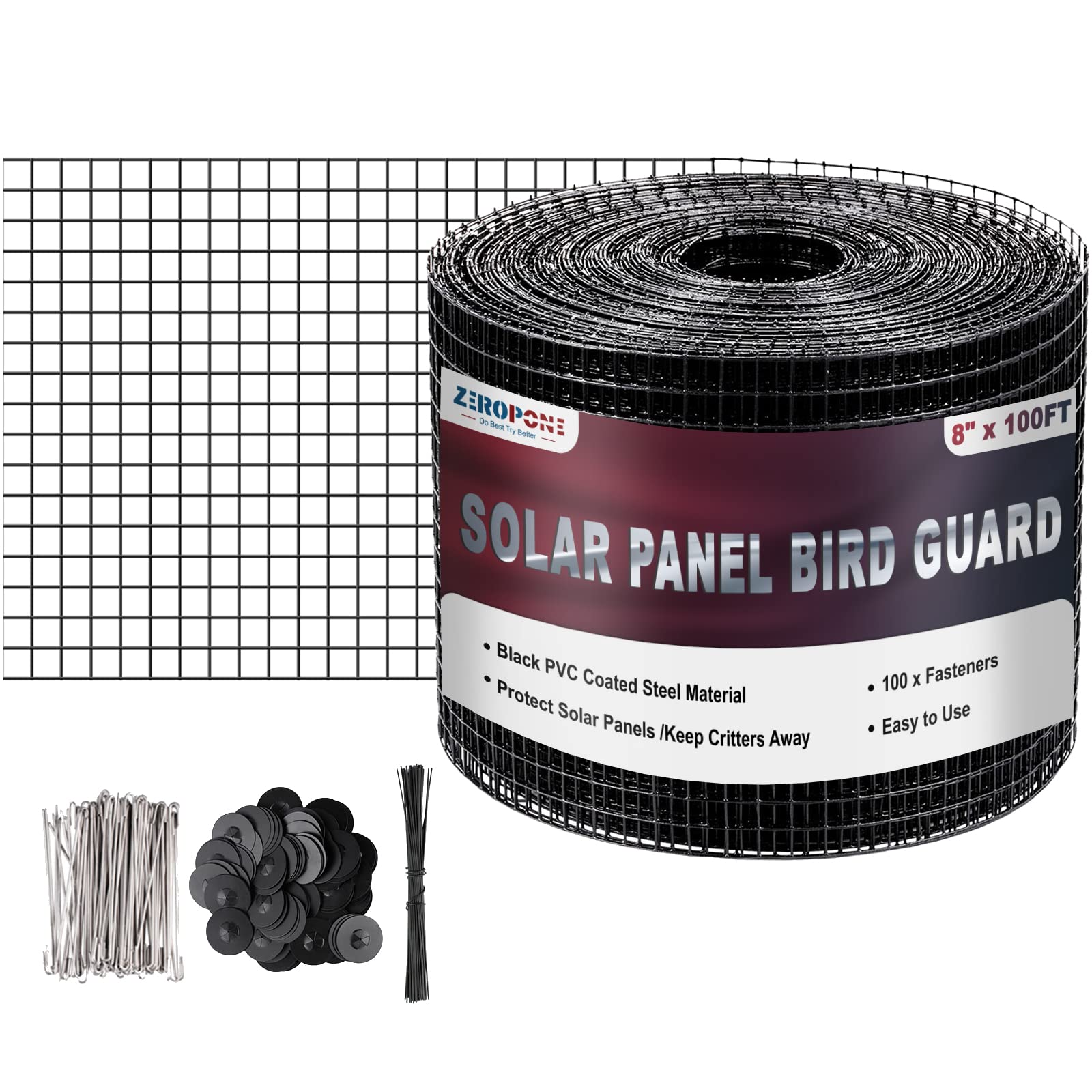 ZeroPone 8inch x 100ft Solar Panel Bird Guard,Critter Guard for Solar Panels w/ 100pcs Stainless Steel Fasteners,Removable PVC Coated Guard Wire for Squirrel,Bird,Critters Proofing